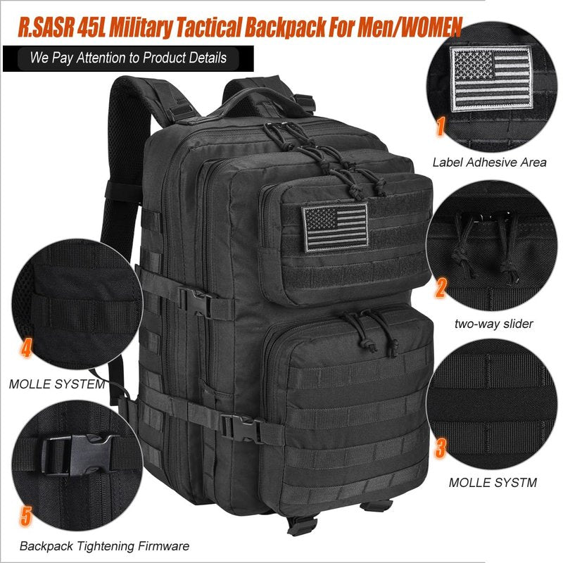 R.SASR 45L Black Tactical Backpack Military Assault Pack, MOLLE System Large 3 Day Bug Out Bag for Men Women Hiking Camping(Black-01)
