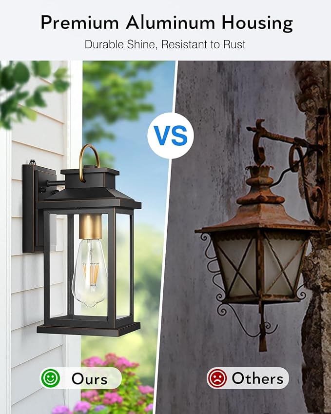 VIANIS Porch Lights Outdoor, Black Gold Accents Dusk to Dawn Exterior Garage Lighting Fixtures Wall Mount for House, Modern Outdoor Wall Sconce Lanterns Lighting for Front Porch Patio, Anti-Rust