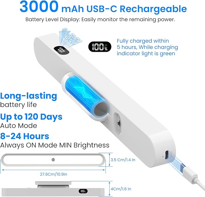 Under Cabinet Lighting Battery Operated 3000mAh Rechargeable,New Closet Motion Sensor Lights Indoor, Power Display 3 Color Temps Dimmable 300LM Magnetic Light Bar for Kitchen Counter(White)