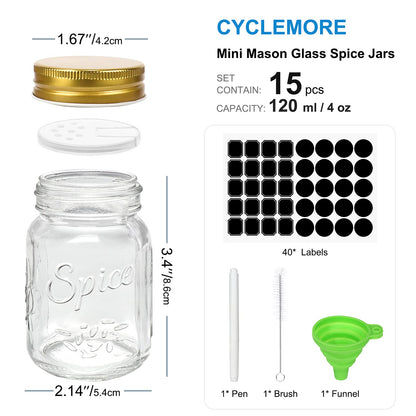 CycleMore 15 Pack 4oz Glass Mason Spice Jars, Round Spice Containers with Silver Metal Caps and Pour/Sift Shaker Lids-40pcs Labels,1pcs Silicone Collapsible Funnel,1pack Brush and 1 Pen Included