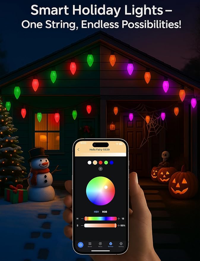 Popotan C-9 LED Christmas Lights Outdoor, 33FT 50 LEDs Smart RGB String Lights with App Remote Control, 108 Modes, Waterproof for Porch, Fence, Holiday Decoration,Halloween Lights