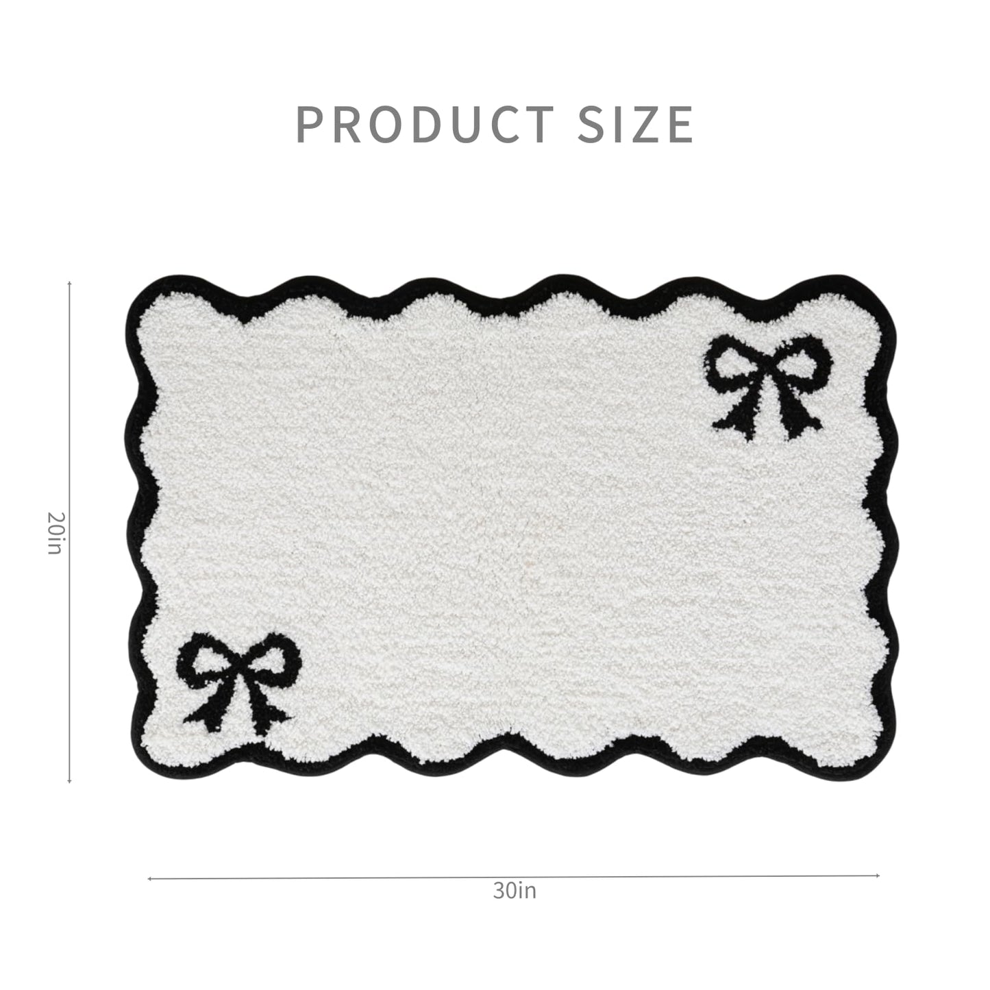 WENBOER Cute Bow Bath Mat, Black and White Scalloped Bathroom Rug, Soft Plush Microfiber Non Slip Washable Bath Rug, Coquette Bathroom Decor for Shower Tub Sink, 20x30 Inch