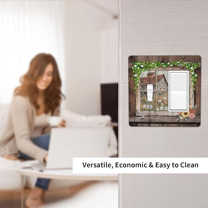 Farm Barn Farmhouse Rustic Country Flower 2 Gang Combination Light Switch Cover Decorative Toggle Rocker/Decora Wall Plate Electrical Faceplate for Bathroom Kitchen Home Decor