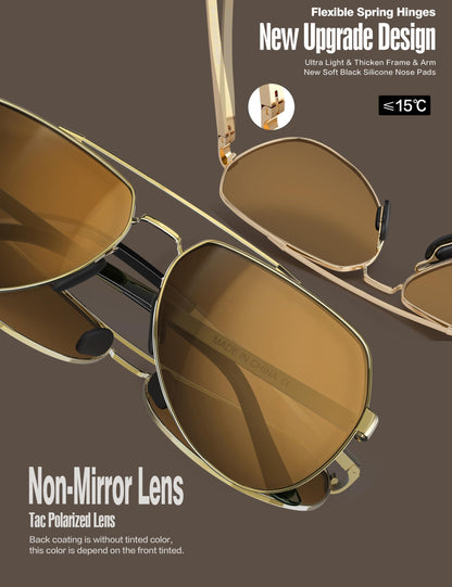 LUENX Men Women Aviator Sunglasses Polarized Shades Flexible Spring Hinge - Brown Lens Gold Metal Frame Large 60mm