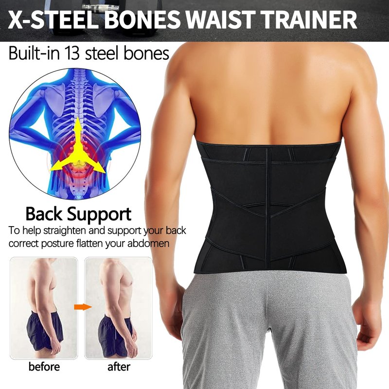 KIWI RATA Neoprene Workout Waist Trainer for Men Sweat Belt with Double Belly Straps, X-shape Steel Bones