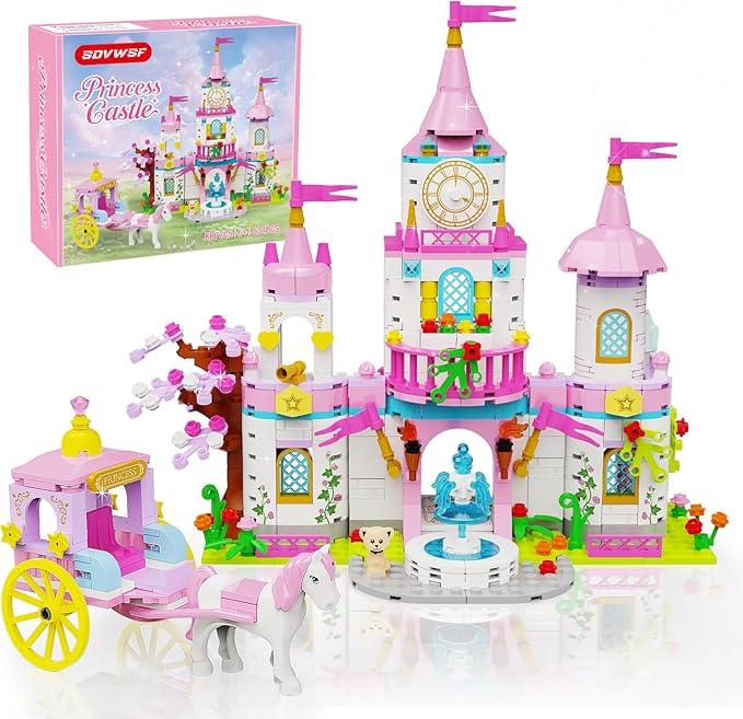 Princess Castle Building Blocks Set for Girls 6+ 634PCS Fairy Tale Dream Castle with Rotating Fountain &amp Movable Carriage Compatible with Lego Friends Gift for Kids Girls Princess Lovers
