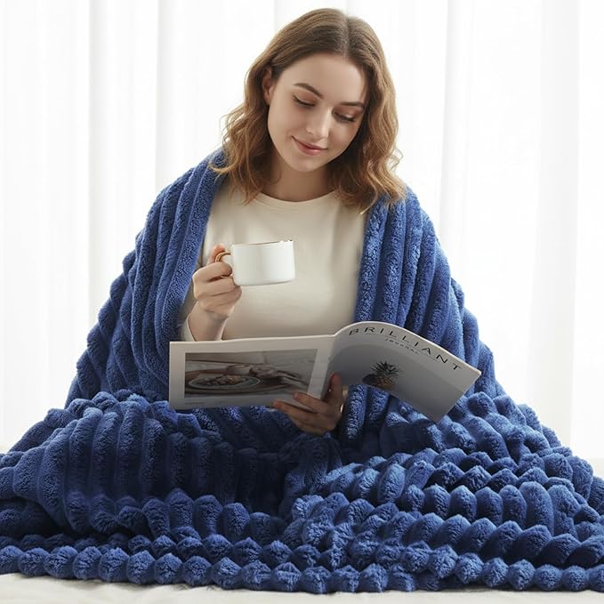 decorUhome Soft Fleece Navy Blue Blanket Queen Size for Bed, Cozy Fluffy Plush Flannel Large Striped Throws for Couch Sofa, Lightweight Decorative Fuzzy Blanket for Woman, 90x90 Inches