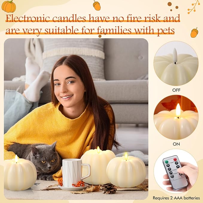 Retisee 3 Pcs Flameless Thanksgiving LED Candle Fall Light up Pumpkin Flameless Candles with Timer Remote Control, 4" 6" h Autumn Farmhouse Rustic Harvest Decor for Home Party(Ivory)