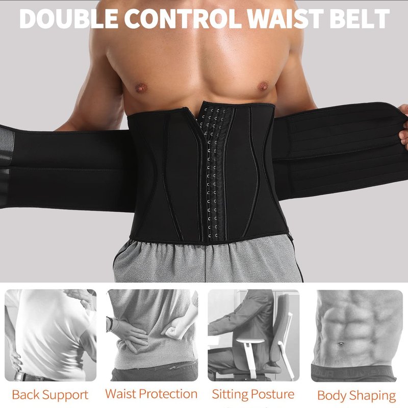 KIWI RATA Neoprene Workout Waist Trainer for Men Sweat Belt with Double Belly Straps, X-shape Steel Bones