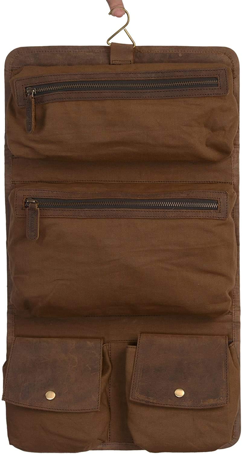 KomalC Premium Buffalo Leather Hanging Toiletry Bag Travel Dopp Kit (Distressed Tan)
