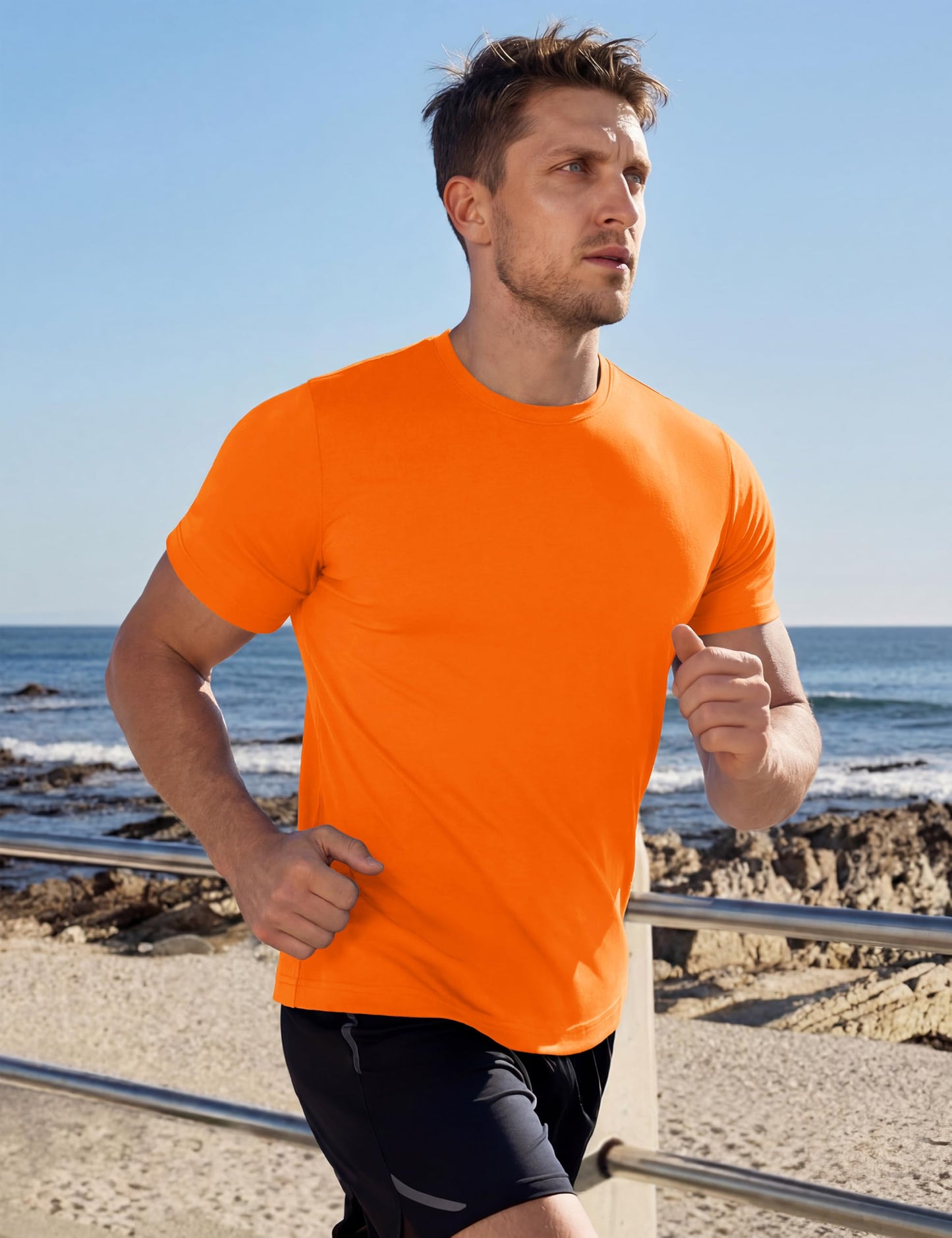 MAGCOMSEN Men's Short Sleeve Dry Fit Shirts Athletic Running Moisture Wicking Tee UPF 50+ Hiking Gym Tshirt Fluorescent Orange M