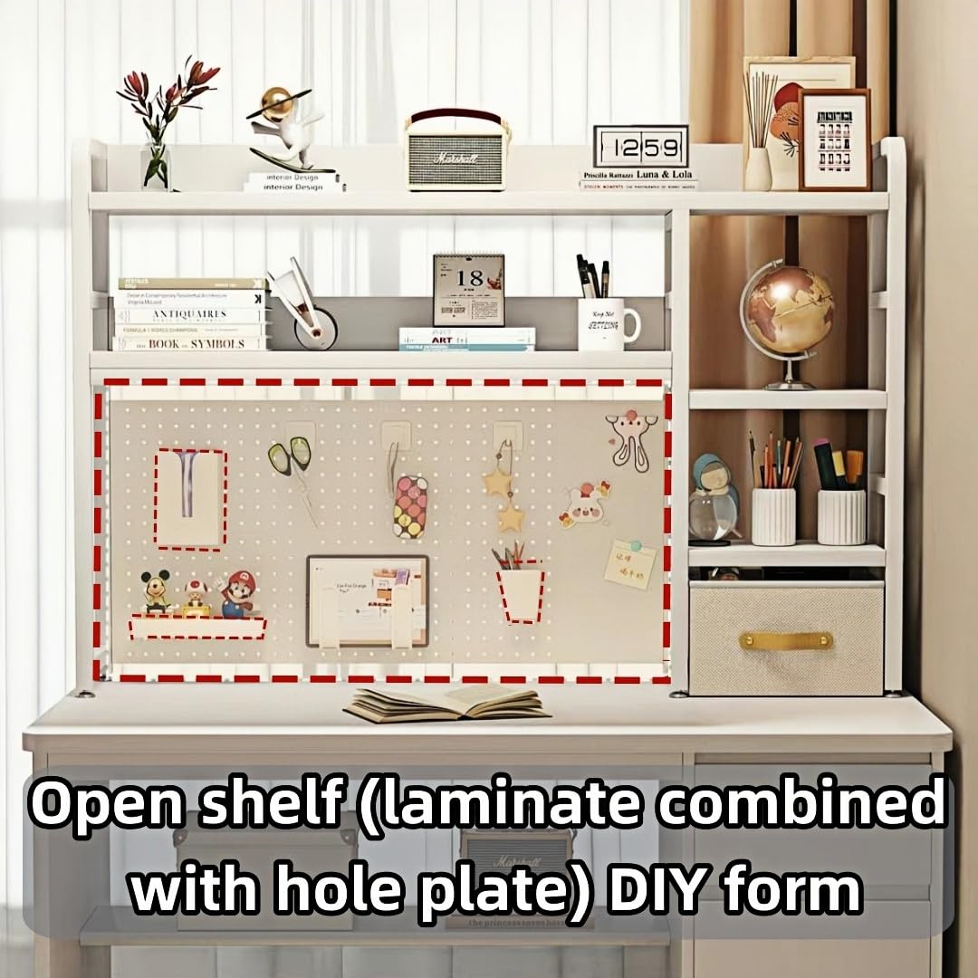 Desktop Bookshelf, pegboard Storage and Organization Rack, Dorm Desk Shelf, Desk Hutch, Desktop Storage for Office, Study, Student Display Rack,Desktop Shelves (White 45.3" Lx9.9 Wx37 H)
