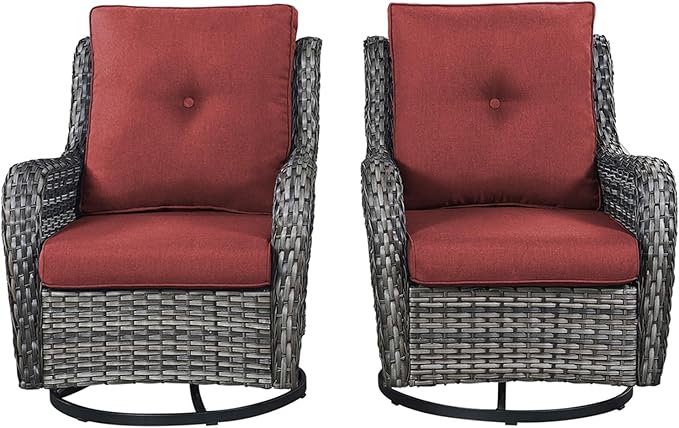 Rilyson Patio Chairs Rocking Swivel Chiar - 2 Piece Outdoor Wicker Furniture Chairs Set Rattan Rocker Chairs with High Back and Deep Seating for Outside Porch Deck Garden(Mixed Grey/Red)