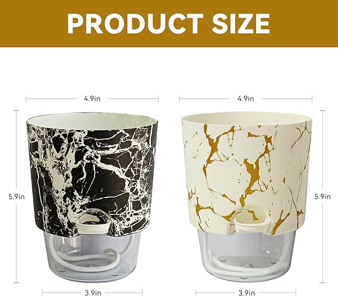 4.8 Inch Self Watering Pots for Indoor Plants 2 Pack, Plastic Modern Decorative Plant Pots with Transparent Water Reservoir, Outdoor Garden Flower Herb Succulent Pot, Marble Printed