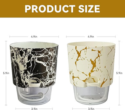 4.8 Inch Self Watering Pots for Indoor Plants 2 Pack, Plastic Modern Decorative Plant Pots with Transparent Water Reservoir, Outdoor Garden Flower Herb Succulent Pot, Marble Printed