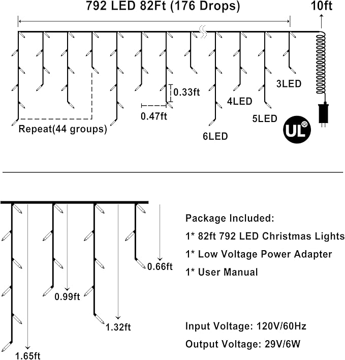 792 LED Christmas Lights with 176 Drops,82ft 8 Modes Fairy Hanging String Lights with Timer Waterproof, Plug-in Christmas String Lights for Holiday Wedding Party Christmas Decorations(Warm White)