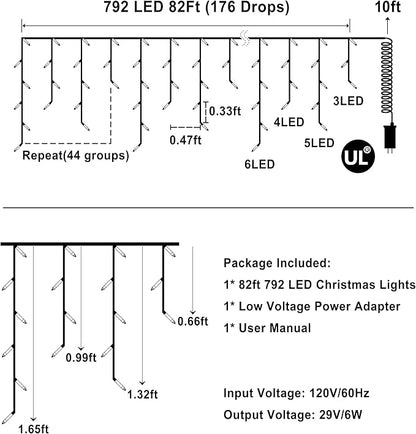 792 LED Christmas Lights with 176 Drops,82ft 8 Modes Fairy Hanging String Lights with Timer Waterproof, Plug-in Christmas String Lights for Holiday Wedding Party Christmas Decorations(Blue)