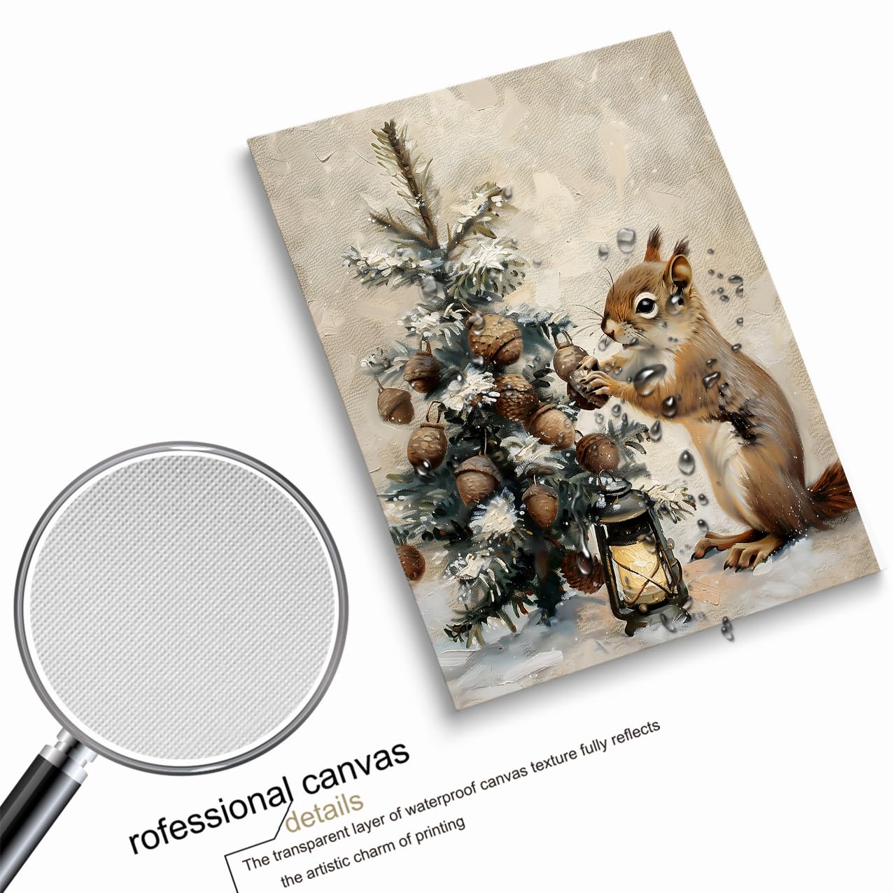 Tree Decor Winter Wall Art, Winter Squirrel Print, Snowy Pine Tree, Rustic Lantern, Acorn Ornaments, Holiday Scene Art, Woodland Christmas,Christmas Rustic Farmhouse Decor 16x24inch Unframed