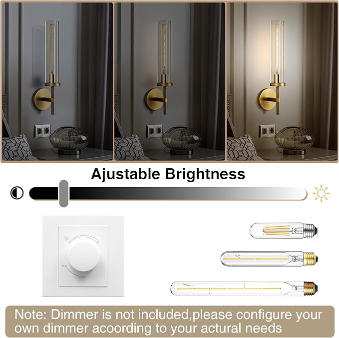 Brass Wall Sconces Set of Two, 19.48" Modern Wall Lighting with Clear Glass Tube, Bathroom Vanity Lights, Bronze Sconces Wall Lights for Bedroom, Living Room, Hallway, Staircase (Including Bulb)