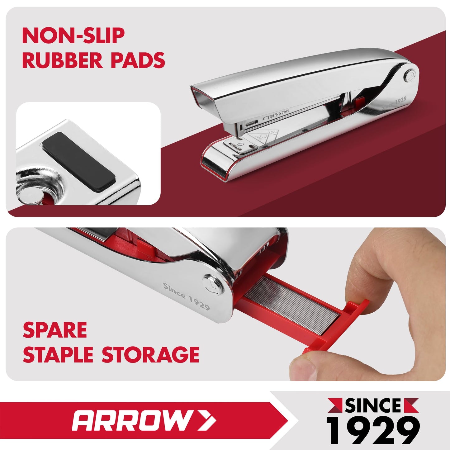 Arrow Metal Stapler, Full-Strip Stapler for Desk with 2520 Staples, 25 Sheet Capacity, Rear Staple Storage, Dual-Mode Anvil, Non-Slip Base, for Office, Classroom, and School