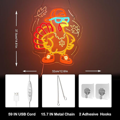 Thanksgiving Turkey Neon Sign Indoor Cool Light Sign Dimmable Turkey LED Light Up Fall Neon Decor for Dining Room Music Classroom Thanksgiving Christmas Party Gift
