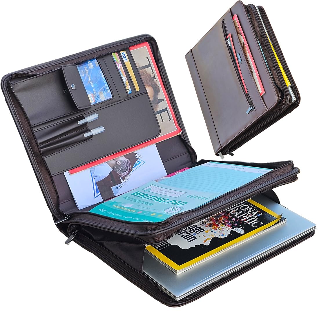 14" Laptop Briefcase, Vegan Leather Portfolio with Zipper Compartments x 2, A4 Papers Holder Padfolio Organizer, Brown