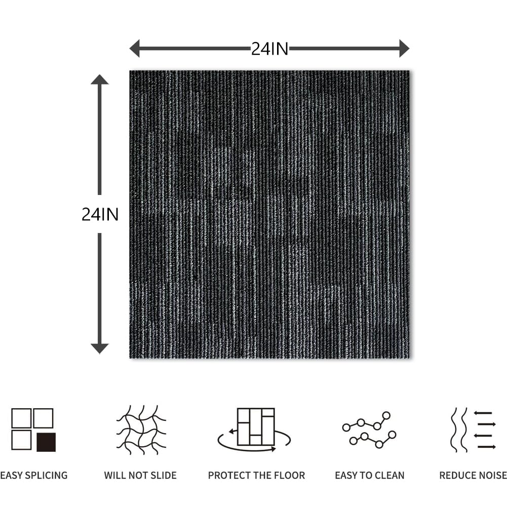 Petgrow Commercial Carpet Tiles, 24" x 24" Squares, 18 Tiles, 72 sq ft, Non-Slip Soft Floor Carpet for Office, Bedroom, Living Room,Easy DIY Installation with Flexlok Tabs (1 Box Sample,Gray)