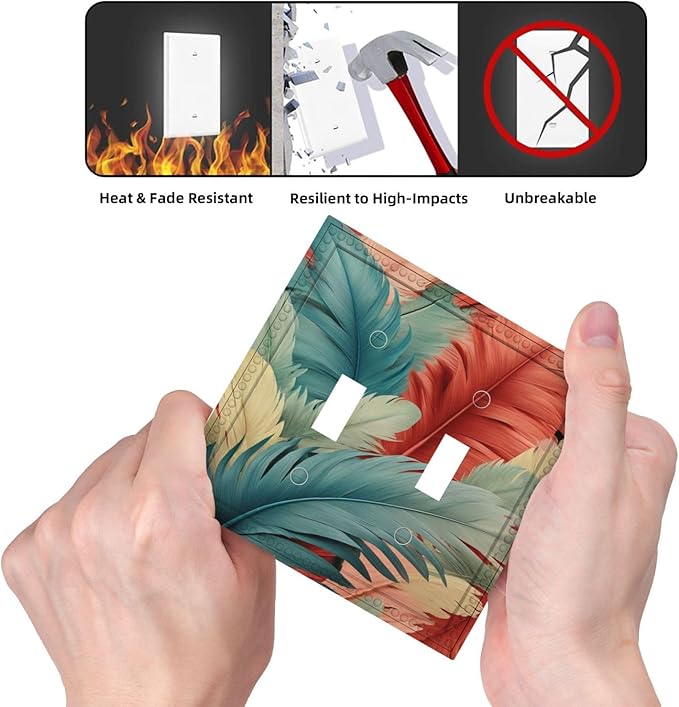 Colorful Feathers Blue Red Light Switch Covers Double Toggle 2 Gang Wall Plate Dual Decorative Switchplate Electrical Faceplate for Farmhouse Decor