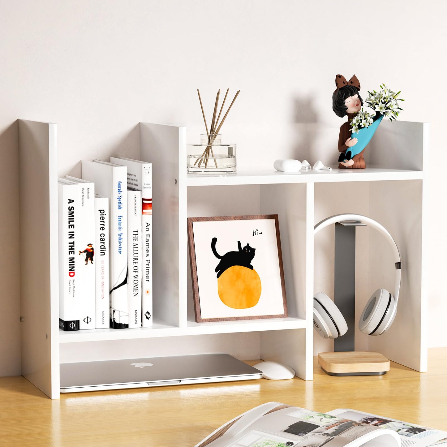 FNBAR Desk Shelves Wood Desktop Orgnizer Shelf. Office Organization for Top of Desk Organizers and Accessories Bookshelf Shelving,Adjustable Tier H-Shape Mini Bookcase(White)