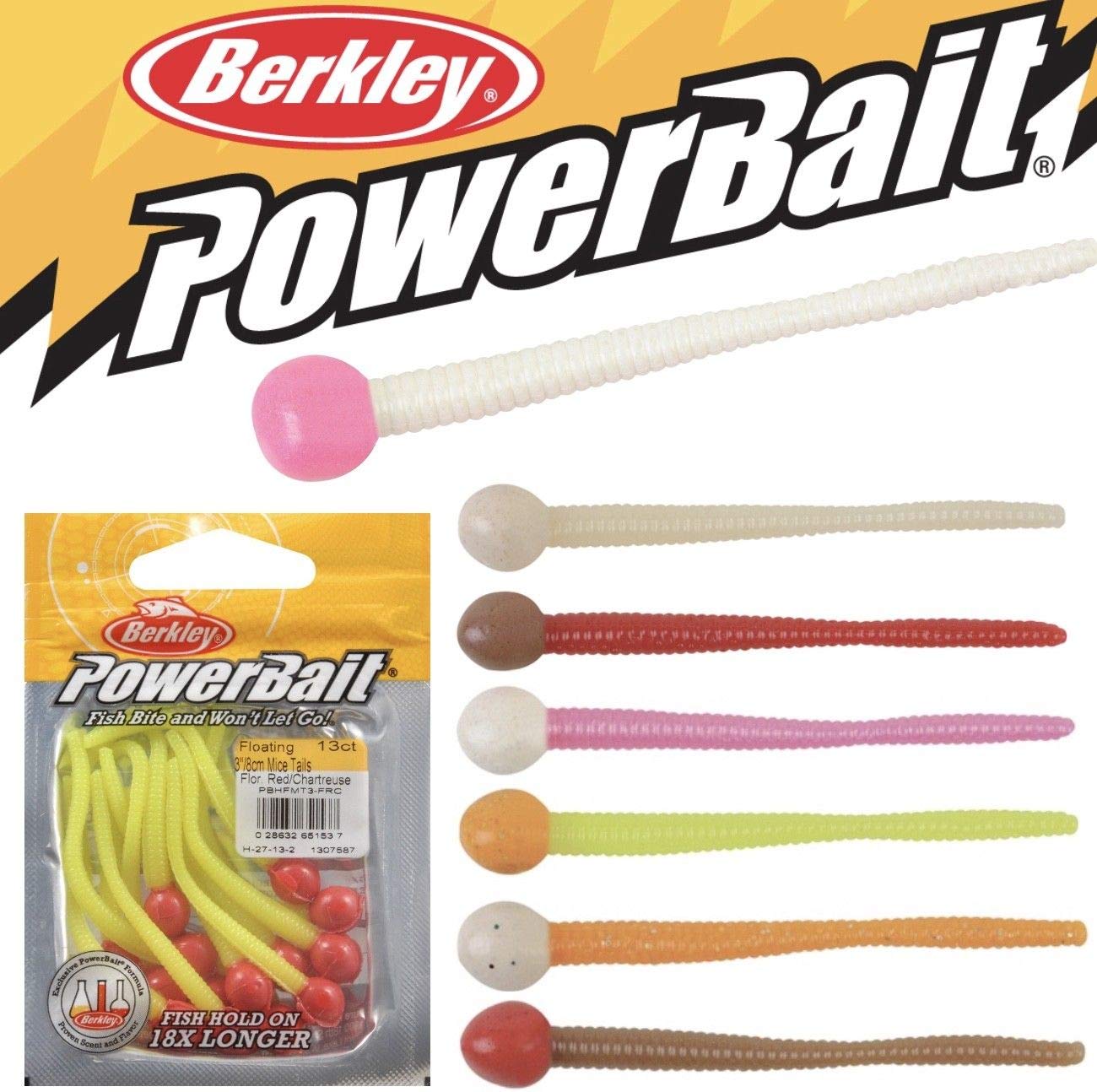 Berkley PowerBait Floating Mice Tails Fishing Bait, Fluorescent Red/Chartreuse, 3in | 8cm, Irresistible Scent & Flavor, Lifelike Presentation, Ideal for Trout, Bluegill, Crappie, Perch and More