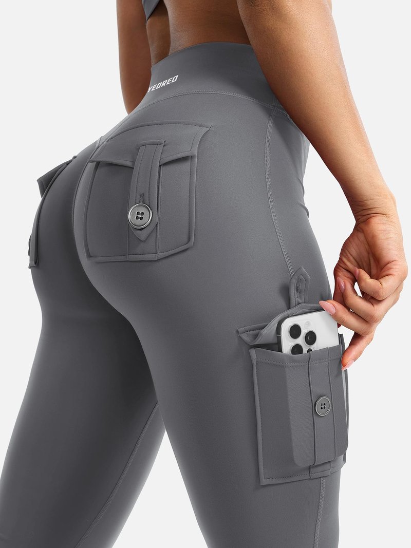 YEOREO CoreFlex Women Workout Flare Leggings with Pockets Hidden Scrunch High Waisted Cargo Gym Yoga No Front Seam Leggings Grey XXL