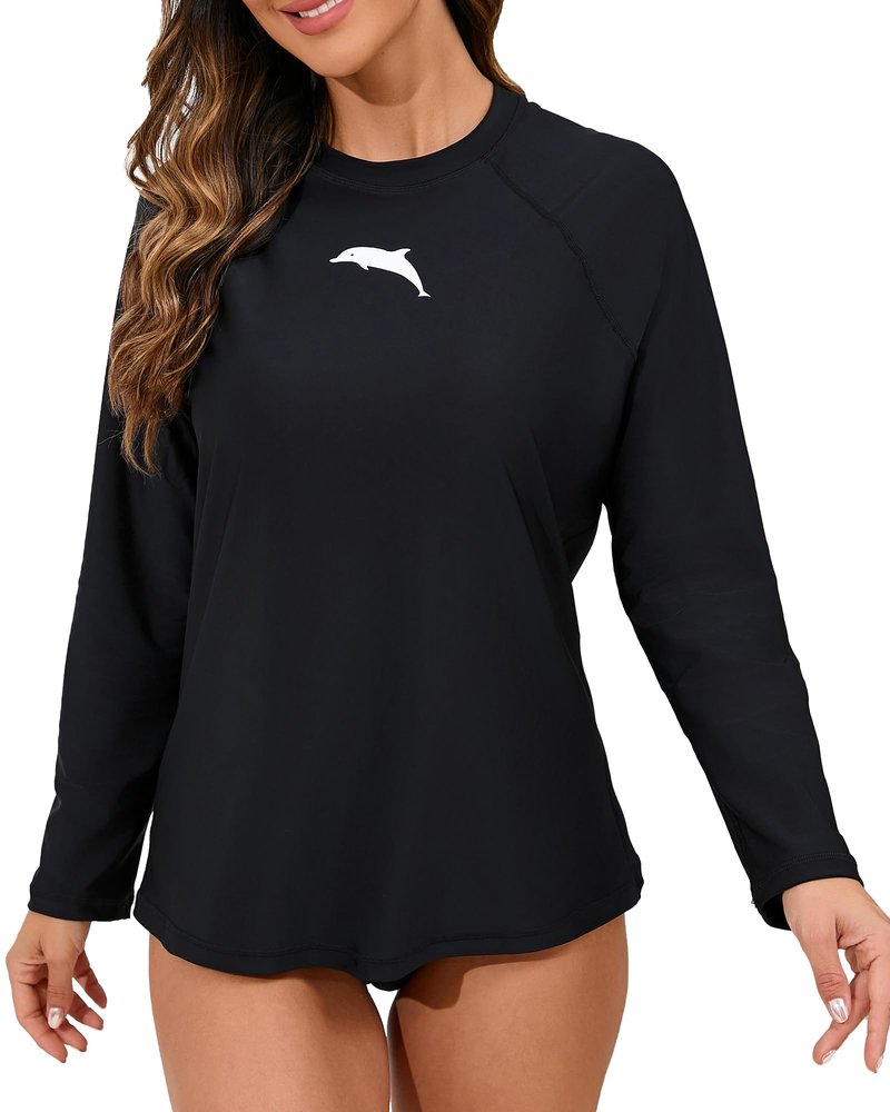 Halcurt Womens Long Sleeve Rash Guard Swim Shirts with Built in Bra UPF50+ Sun Protection Swimsuit Top Black L