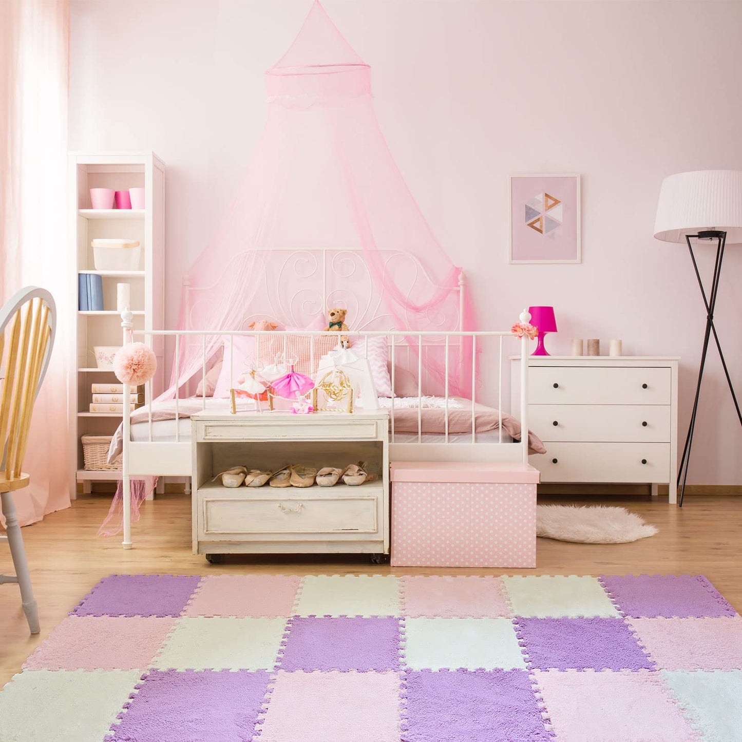 Amylove 72 Pieces Plush Foam Floor Mat Square Interlocking Carpet Tiles with Border 12 x 12 x 0.4 in Fluffy Play Mat Floor Tiles Soft Climbing Area Rugs for Home Playroom(White, Pink, Purple)