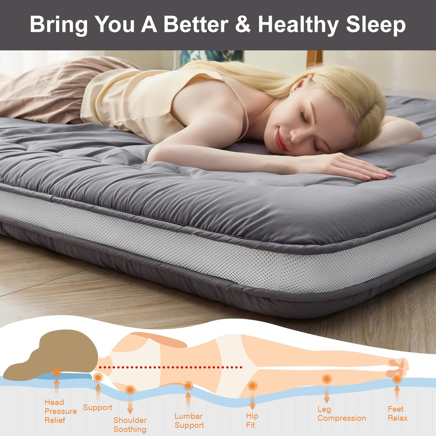 Auemtyn Japanese Floor Mattress, 4" Japanese Futon Mattress, Foldable & Portable Shiki Futon (shikibuton), Roll Up Thicken Sleeping Tatami Mat Sleeping Pad for Camping (Grey, 54 x 80)