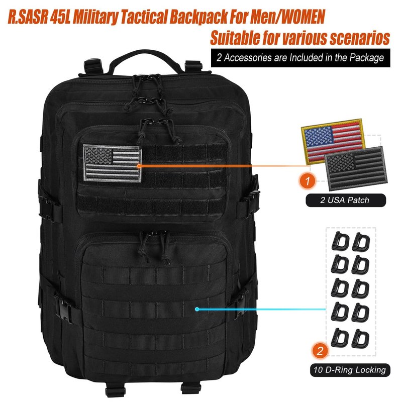 R.SASR 45L Black Tactical Backpack Military Assault Pack, MOLLE System Large 3 Day Bug Out Bag for Men Women Hiking Camping(Black-01)
