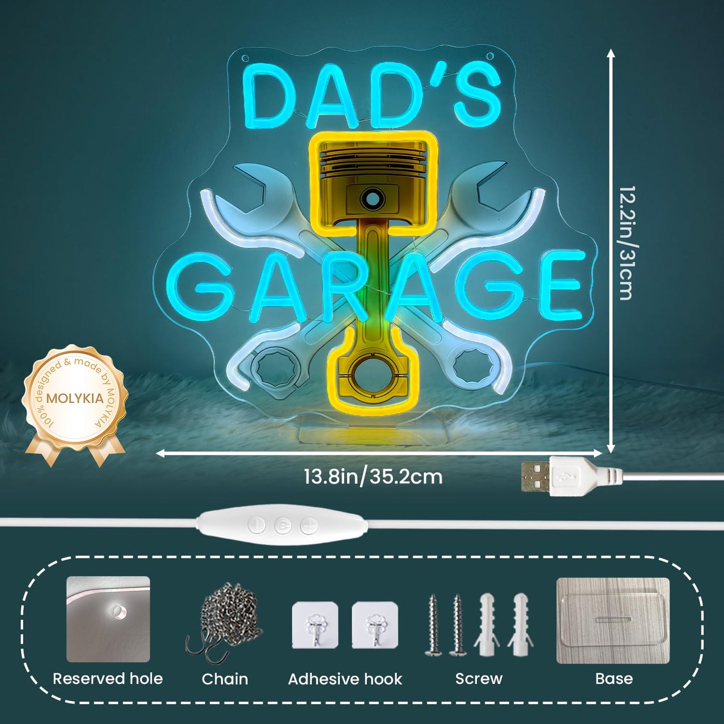 Dads Garage Neon Sign Workshop Light Up Signs Lighted Car Neon Signs with Base for Bedroom Dorm Garage Man Cave Home Bar Theater Game Room Repair Shop Wall Tabletop Decor Art Gifts
