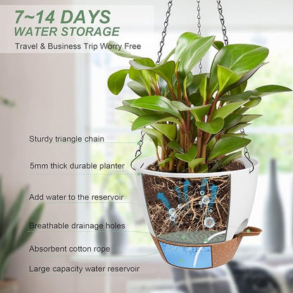 Hanging Planters for Indoor Outdoor Plants, 2 Pack Self Watering Hanging Pot with Drainage Holes & Removable Tray (White, 8'')