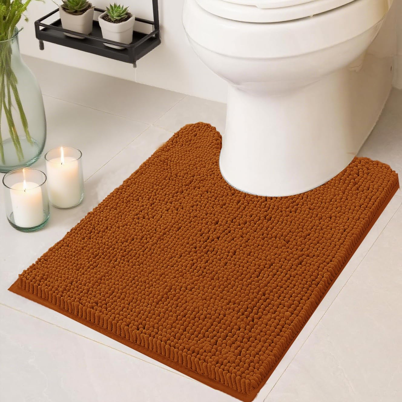 Flotstiga Toilet Rugs U Shaped Washable 20''x20'',Ultra Soft Absorbent Chenille Non Slip Contour Bathroom Rugs for Toilet,Dry Quickly, Machine Washable Bath Mats,Champagne