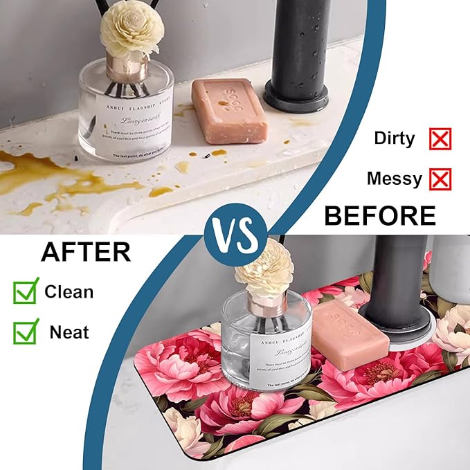 Garden Flowers Sink Splash Guard Faucet Mat Watercolor Peonies Super Absorbent
