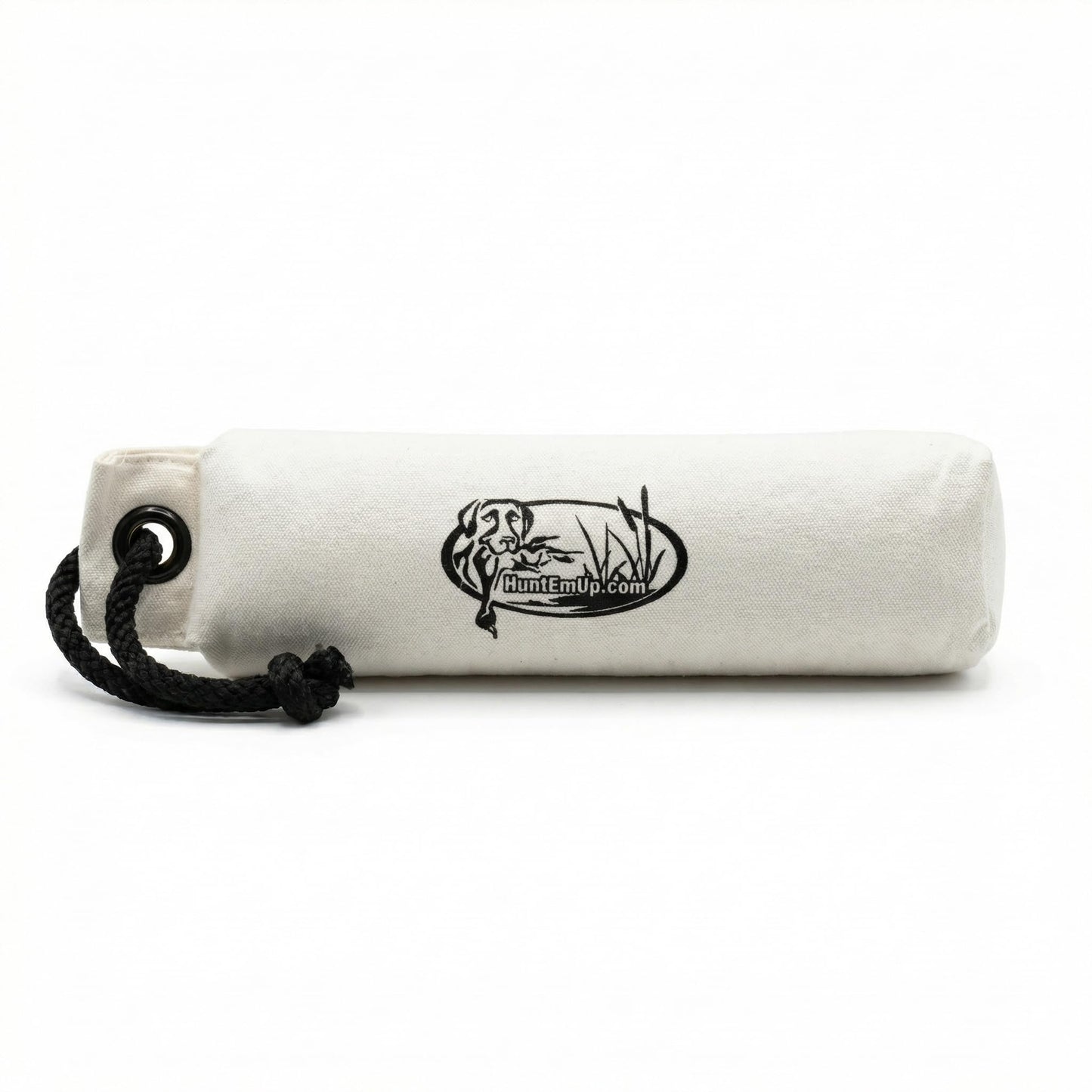 HuntEmUp 3" Canvas Dog Training Bumper – Retrieving Dummy for Retriever & Hunting Dog Training – Floating Water Dummy with Throw Rope – White (1 Pack)