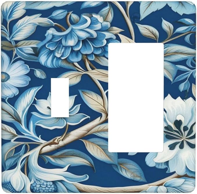 Floral Pattern, Botanical Illustration, Blue Background, White Flowers, Blue Flowers, Branches, Leaves, Decorative Art