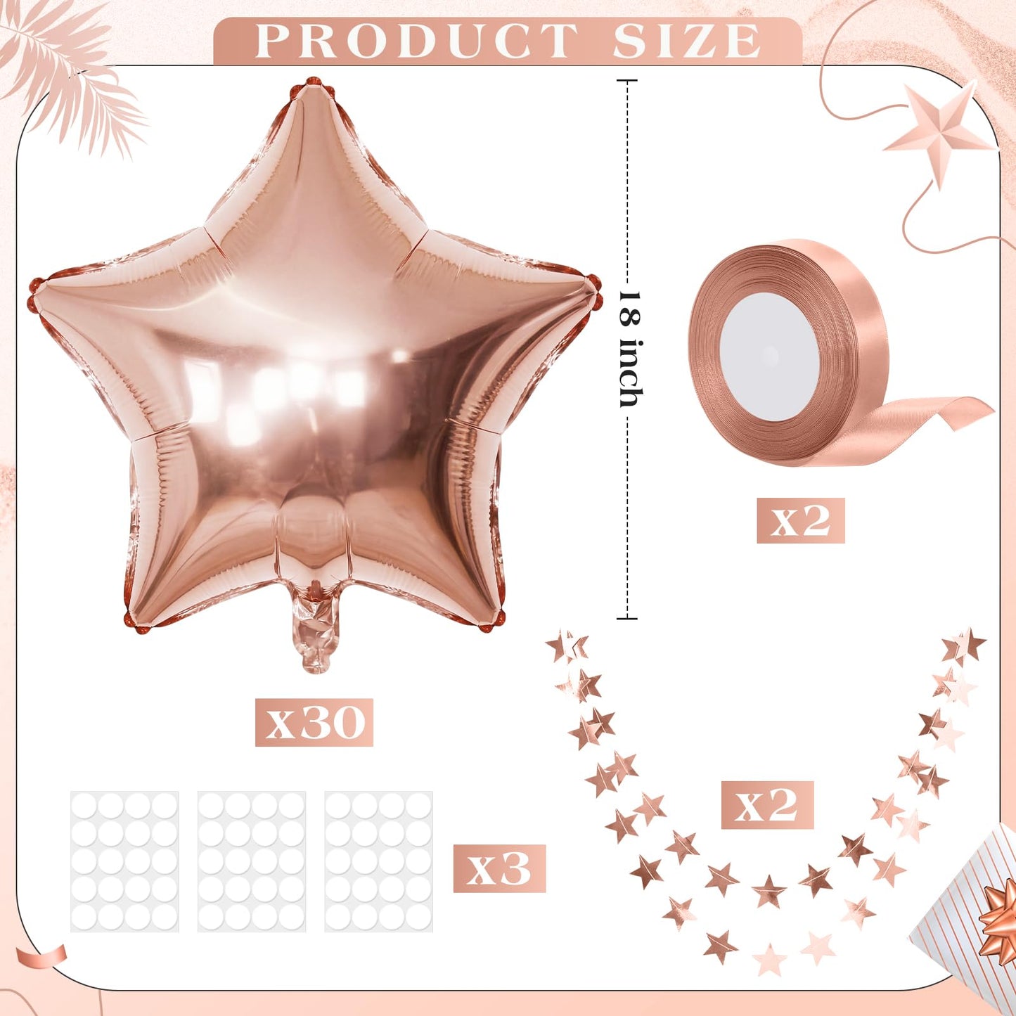 Duraaamo 30 Set Star Foil Balloons Bulk 22 Inch Metallic Star Balloons and Stars Banner and Satin Ribbon for Ceiling Birthday Ornaments Party Decor(Rose Gold)