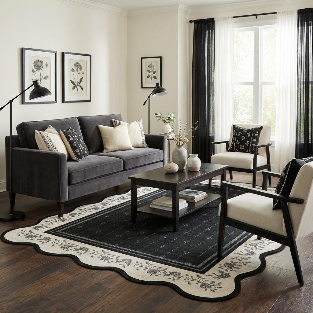 Garvee Washable Rugs for Living Room 8x10 Area Rugs for Bedroom Scalloped Rug Modern Bordered Non Slip Large Kids Bedroom Carpet Indoor Stain Resistant Floor Cover for Dining Room Office Nursery Black