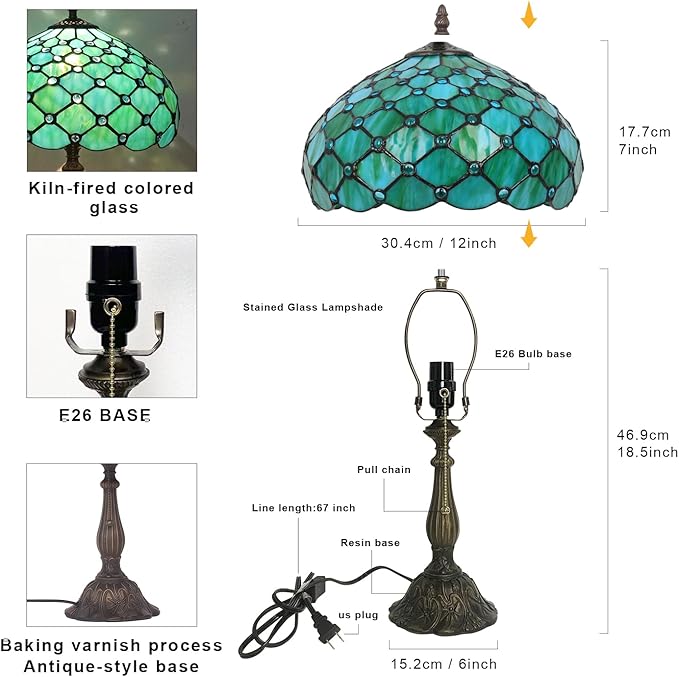 Stained Glass Tiffany Table Lamp, 12 Inch Bedside Reading Light for Bedroom, Living Room, Home Office(Sea Blue Pearl Style)