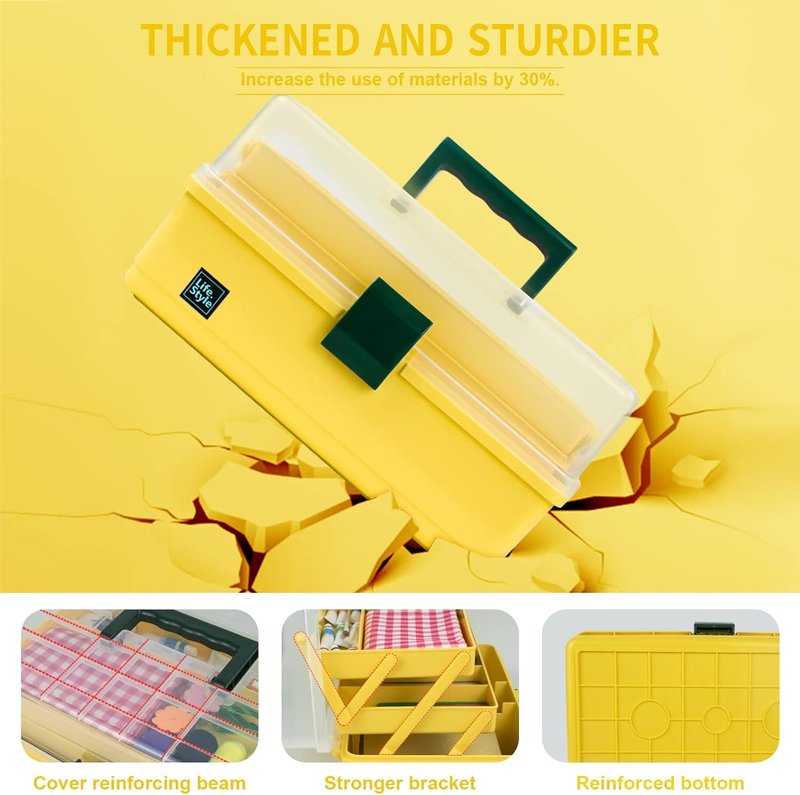 Art Craft Organizer Storage Box - 13-Inch 3-Layer Plastic Tool Box with Handle for Sewing, Art Supplies & Accessories | Yellow