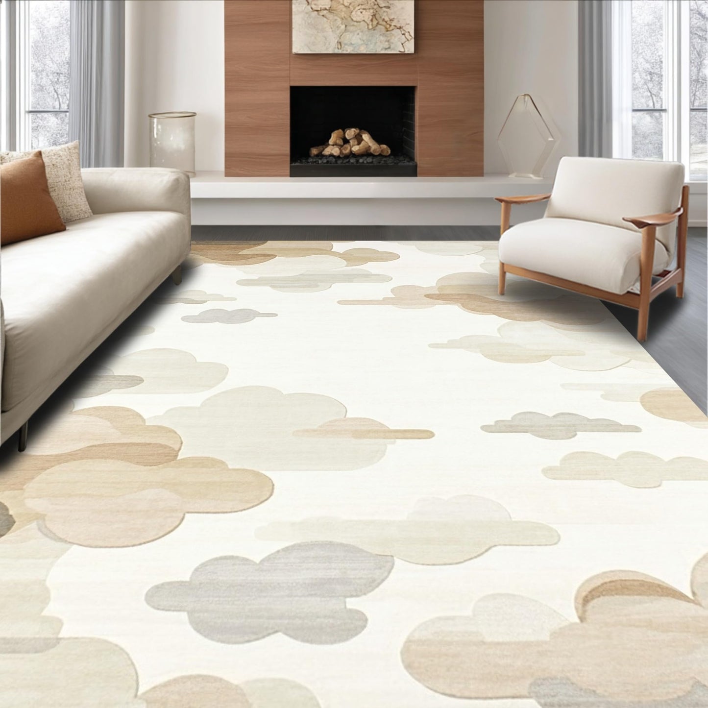 ODIKA Flatwoven High Traffic Area Rug 5x7, Whispering Clouds Shag Rug with Gentle Cloud Like Forms, Non Slip, Stain Resistant, Washable Area Rugs for Living Room, Bedroom (Beige, 5x7)