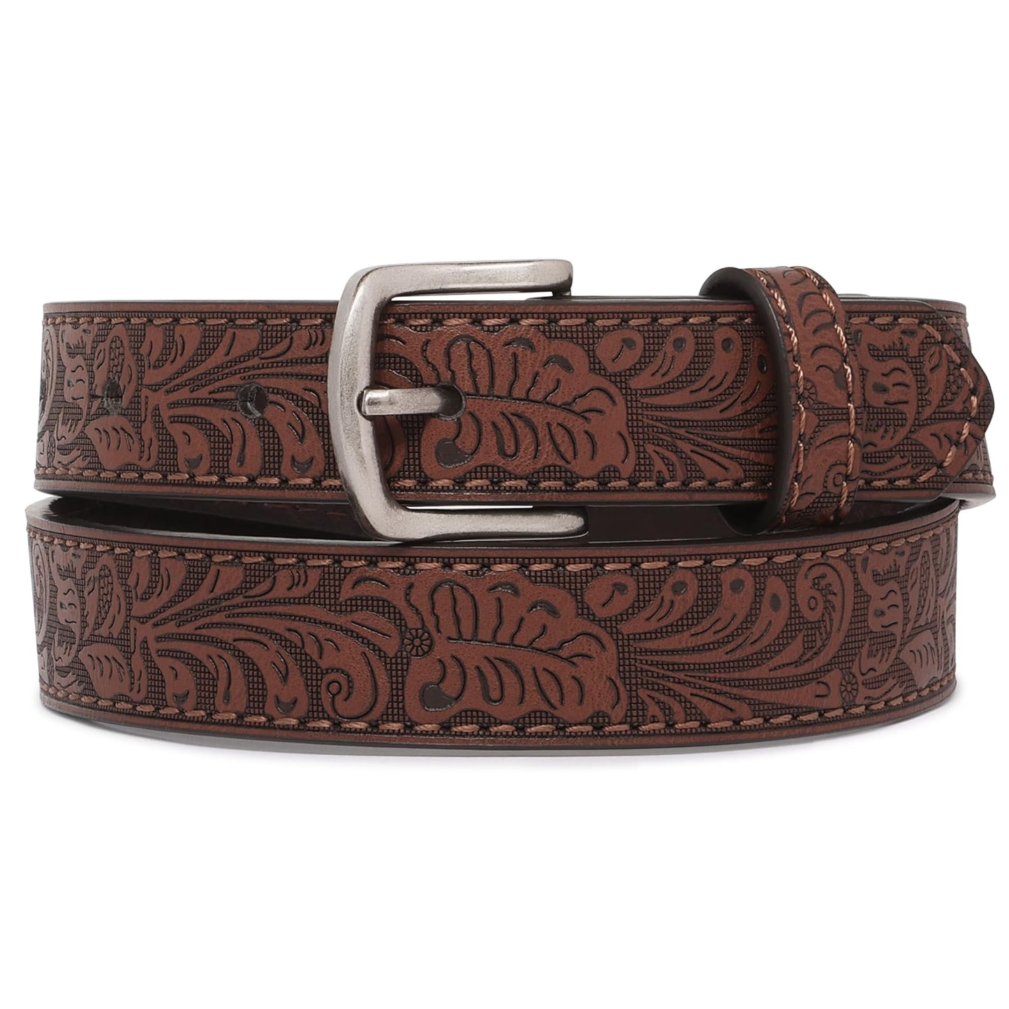 BC Belts Western Kids Leather Belt Strap and Metal Buckle 1" Wide with Snaps - Embossed Western Scrollwork Cowboy Country (Brown-S)