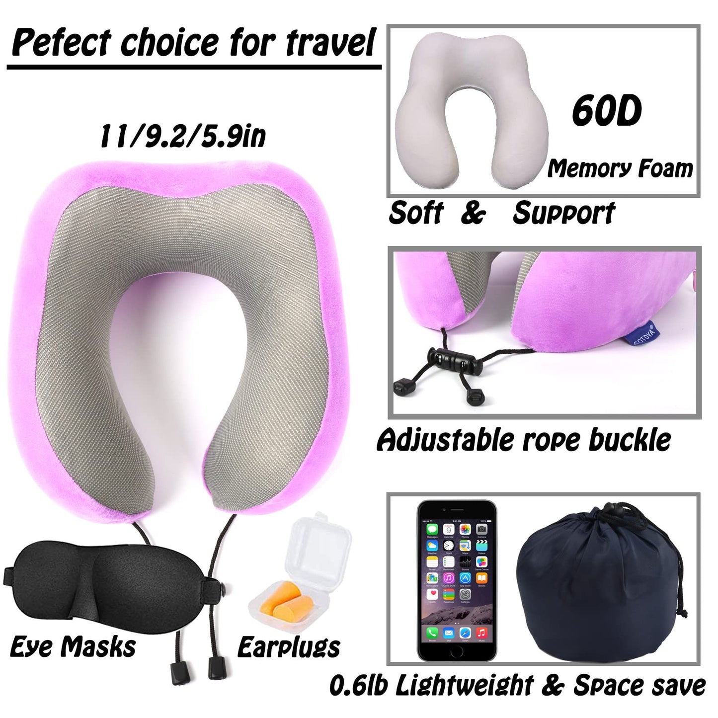 Travel Pillow,Travel Neck Pillows for Sleeping,100% Pure Memory Foam Soft Comfort & Support Pillow for Airplane/Car/Office&Home Rest Use-Pink