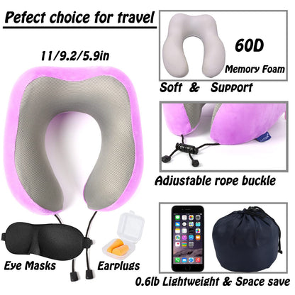 Travel Pillow,Travel Neck Pillows for Sleeping,100% Pure Memory Foam Soft Comfort & Support Pillow for Airplane/Car/Office&Home Rest Use-Pink