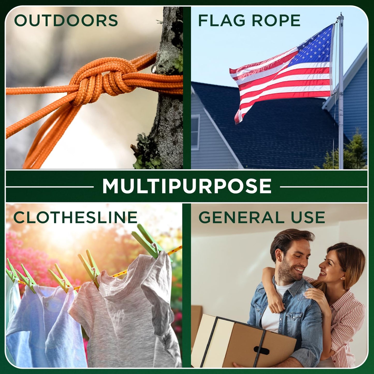 TECEUM Rope – 90 Feet x 1/4 Inch (7mm) – Army Green – Strong All-Purpose Utility Rope – Camping, Crafting, Flag Pole, Indoor & Outdoor – Polypropylene Nylon Poly Lightweight Diamond Braided Cord
